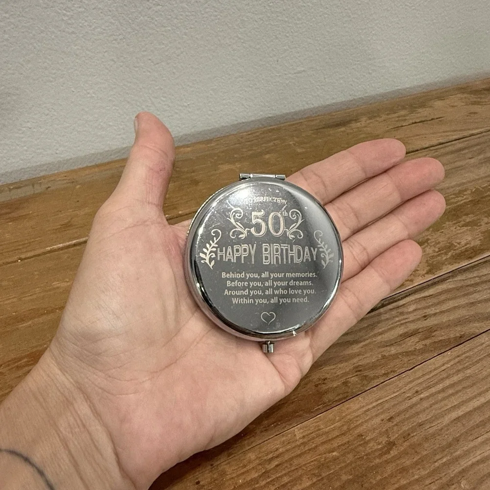 Engraved Compact Mirror 50th Birthday Not A Day Over Fabulous Silver Tone Gift
